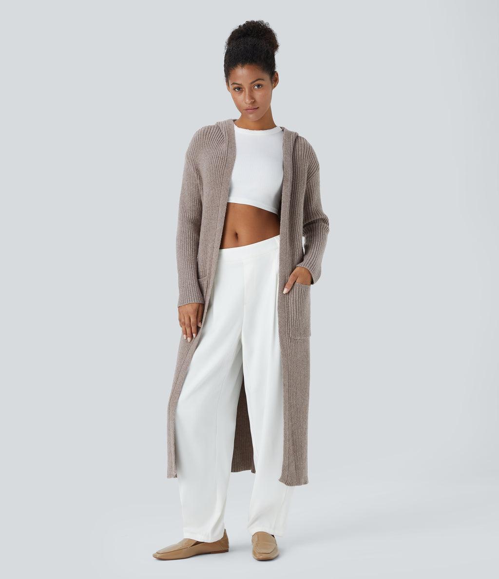 Hooded Long Sleeve Pocket Longline Casual Cardigan — Mocha Meringue — view 1
