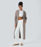 Hooded Long Sleeve Pocket Longline Casual Cardigan — Mocha Meringue — view 1