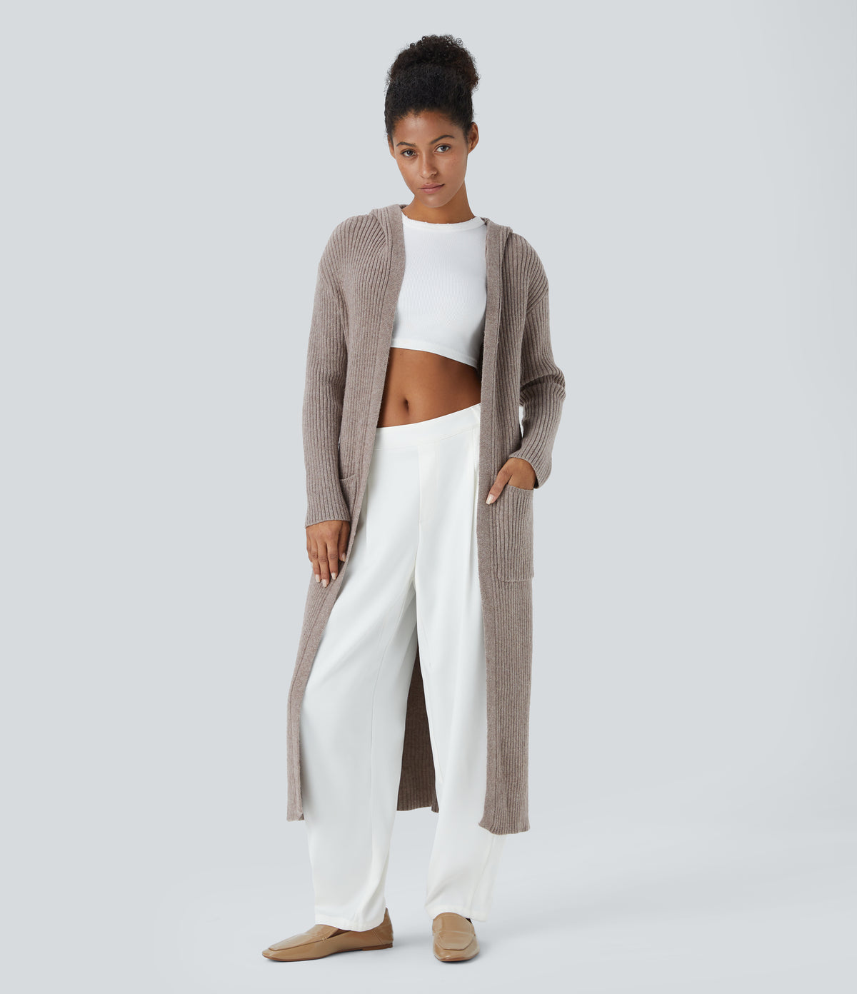 Hooded Long Sleeve Pocket Longline Casual Cardigan — Mocha Meringue — view 1