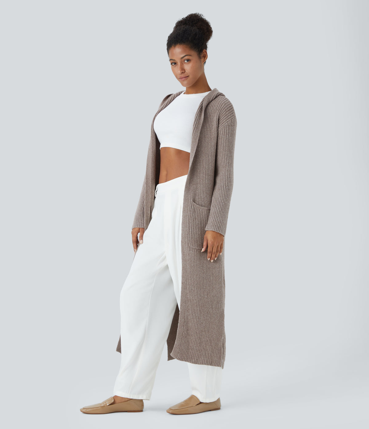 Hooded Long Sleeve Pocket Longline Casual Cardigan — Mocha Meringue — view 3