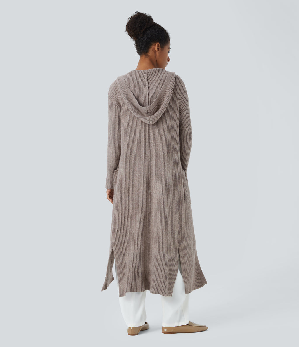Hooded Long Sleeve Pocket Longline Casual Cardigan — Mocha Meringue — view 2