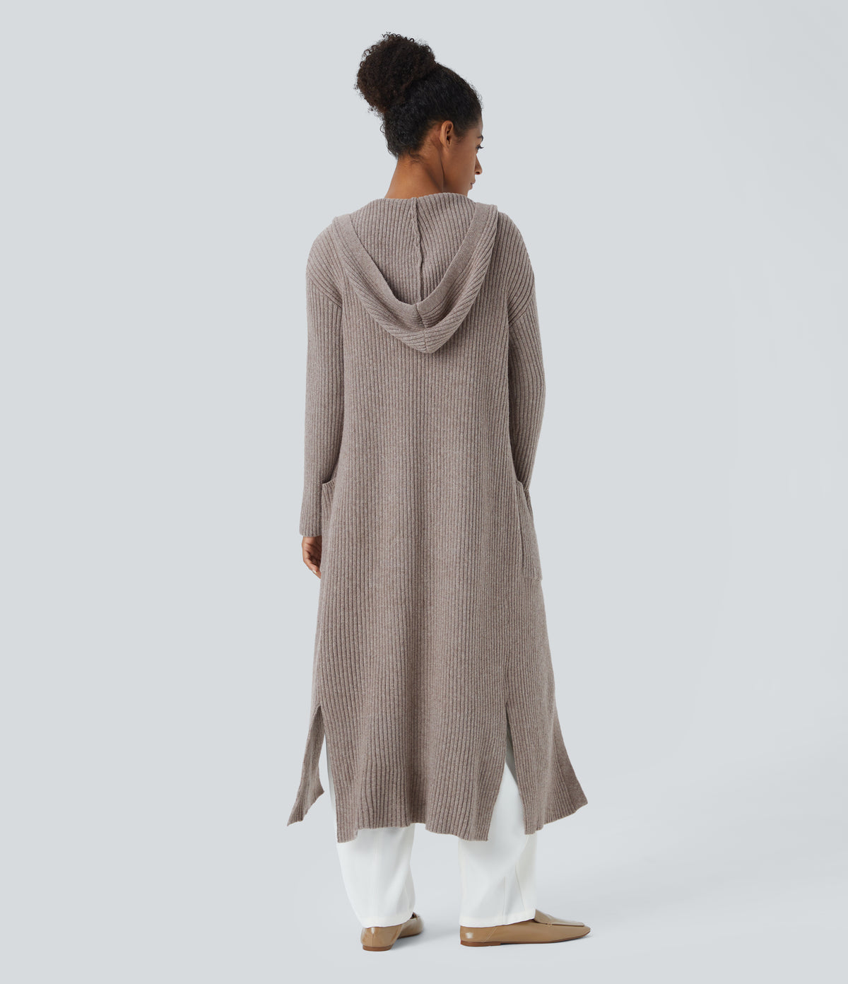 Hooded Long Sleeve Pocket Longline Casual Cardigan — Mocha Meringue — view 2