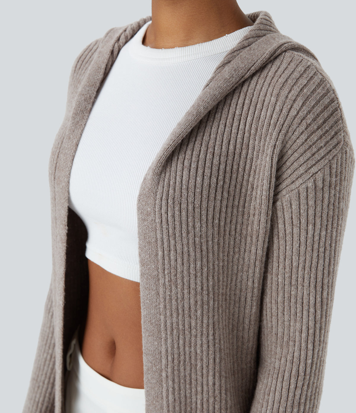 Hooded Long Sleeve Pocket Longline Casual Cardigan — Mocha Meringue — view 4