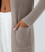Hooded Long Sleeve Pocket Longline Casual Cardigan — Mocha Meringue — view 5