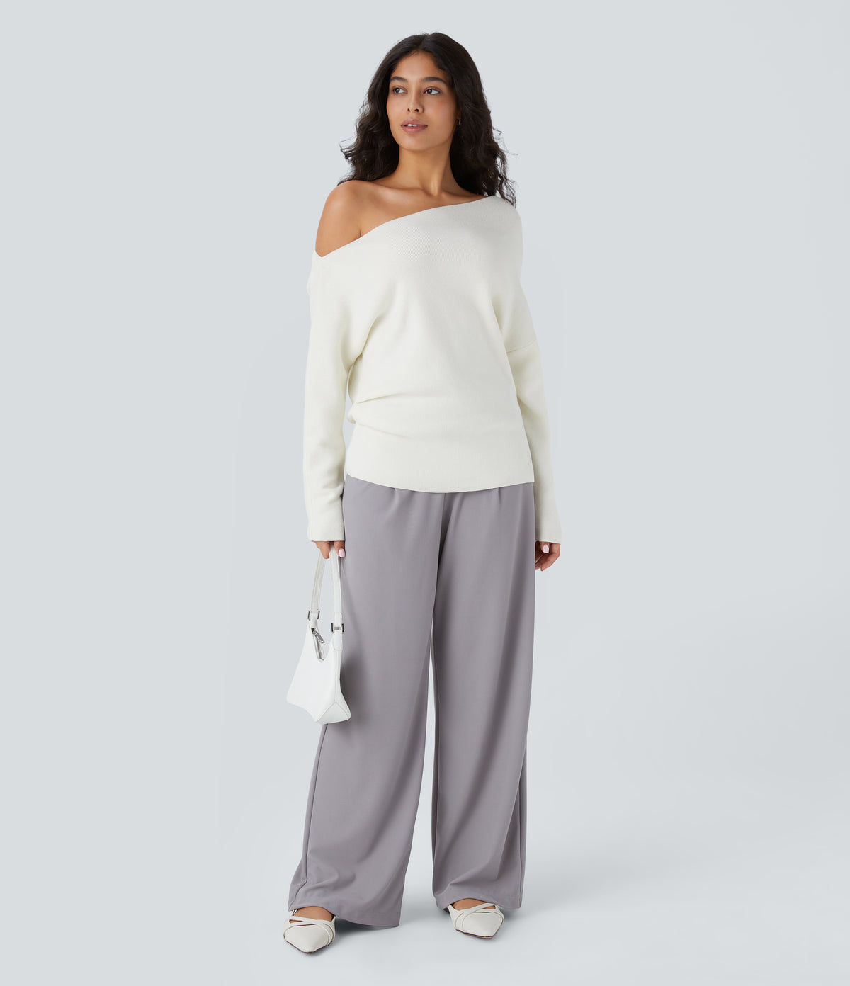 Off Shoulder Long Sleeve Work Jumper — Lily White — view 7