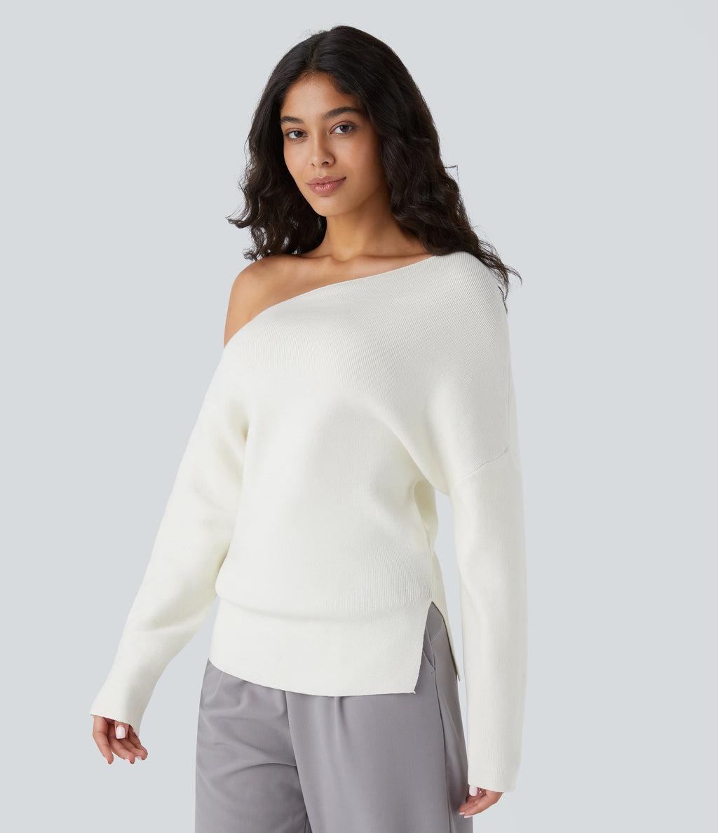 Off Shoulder Long Sleeve Work Jumper — Lily White — view 3
