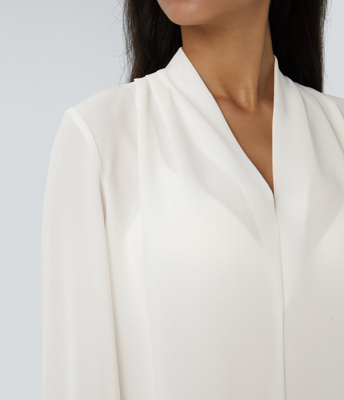 V Neck Long Sleeve Work Blouse — White — view 6
