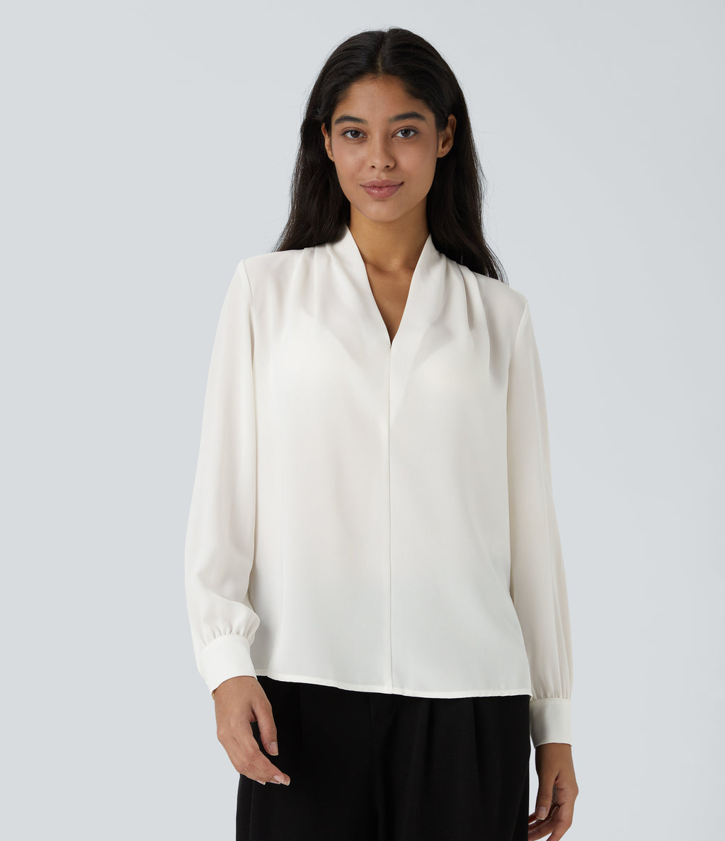 V Neck Long Sleeve Work Blouse — White — view 4