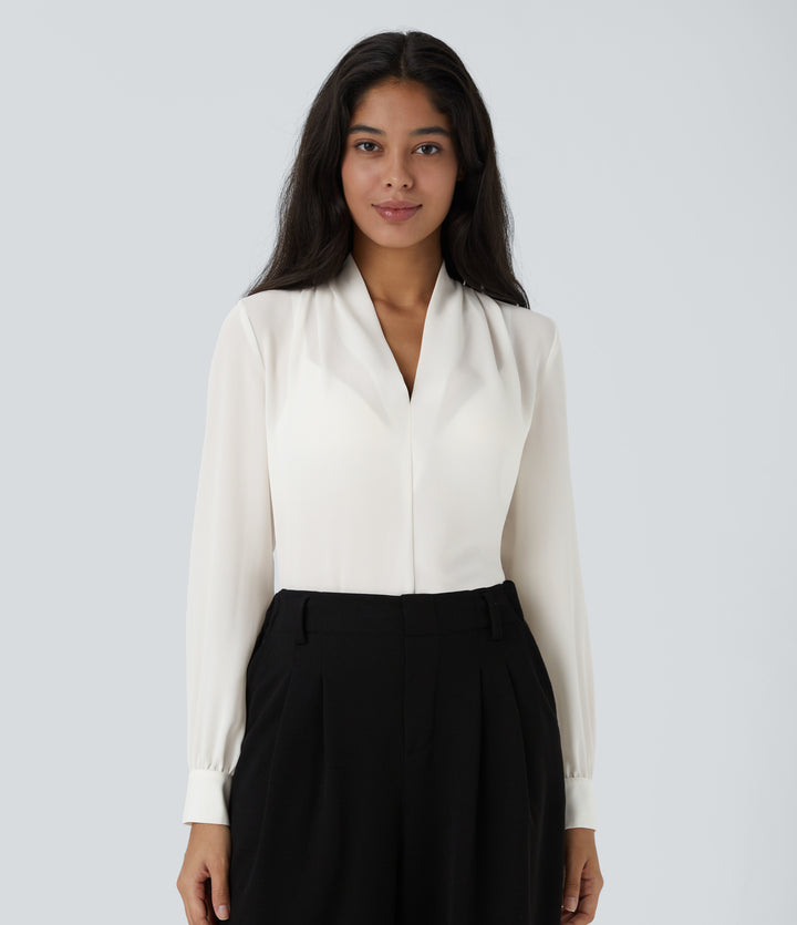 V Neck Long Sleeve Work Blouse — White — view 1
