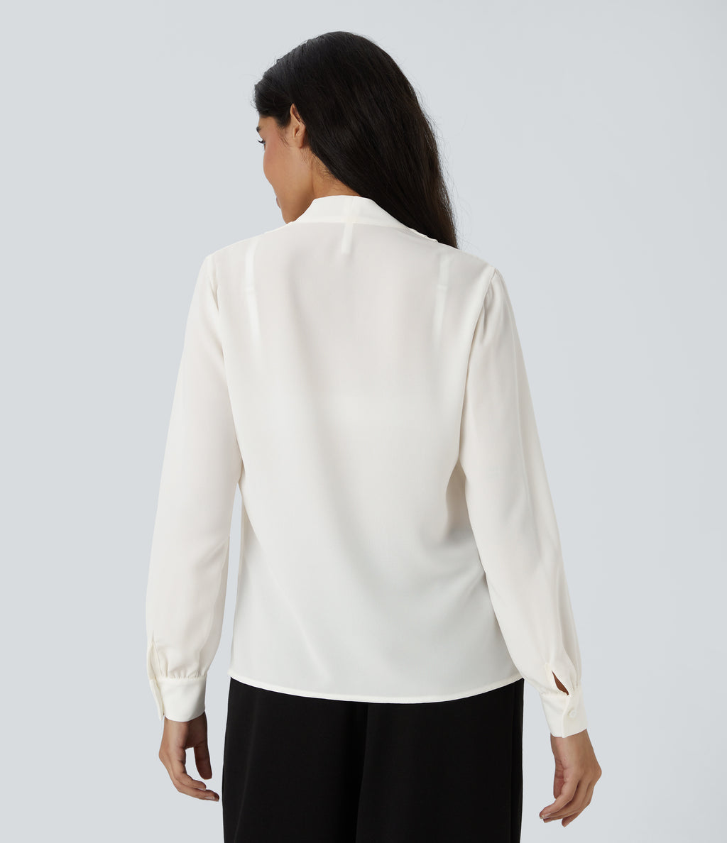 V Neck Long Sleeve Work Blouse — White — view 5