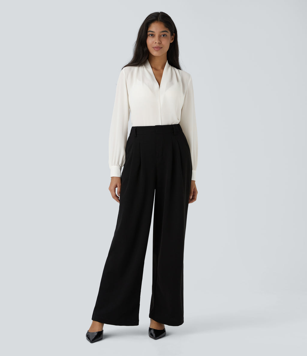 V Neck Long Sleeve Work Blouse — White — view 8