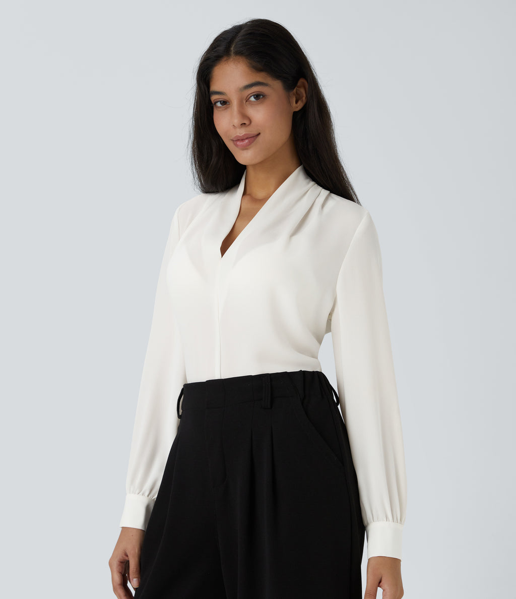 V Neck Long Sleeve Work Blouse — White — view 3