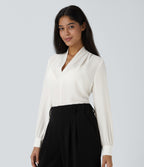 V Neck Long Sleeve Work Blouse — White — view 3