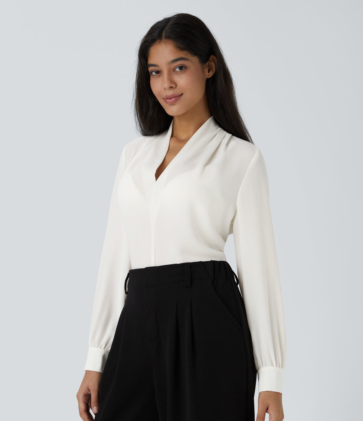 V Neck Long Sleeve Work Blouse — White — view 3
