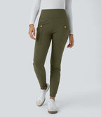 High Waisted Decorative Pocket Skinny Ankle Length Casual Trousers — Forest Night — view 4