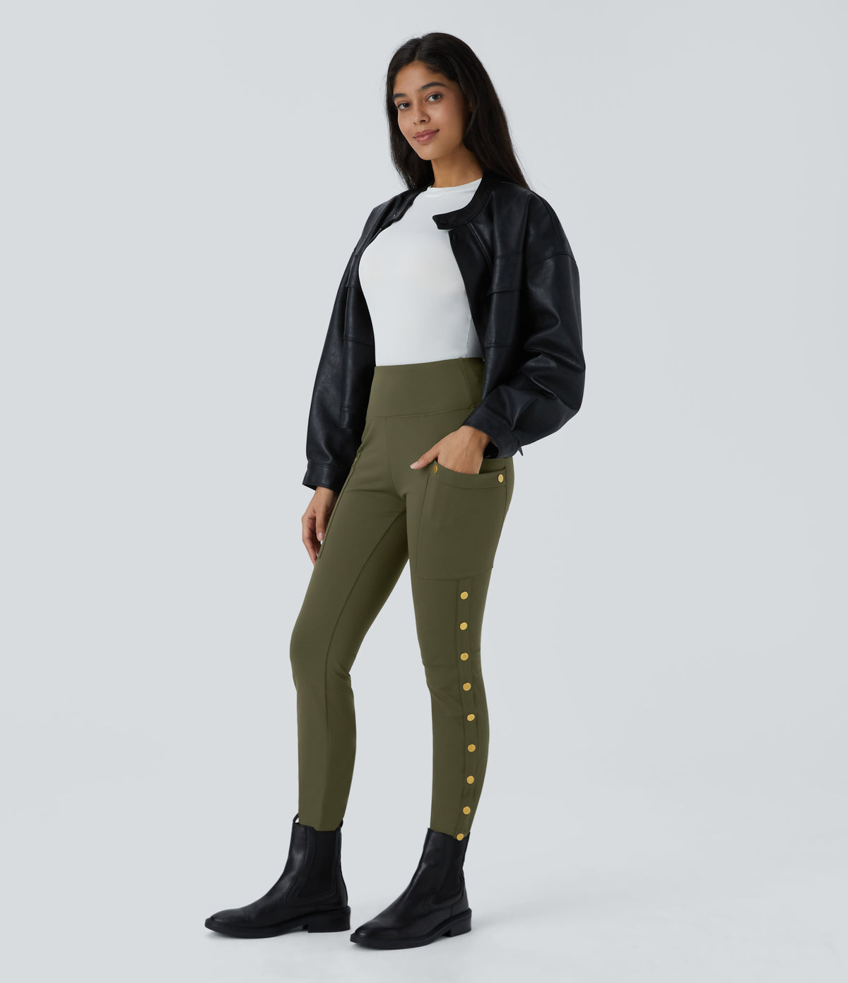 High Waisted Decorative Pocket Skinny Ankle Length Casual Trousers — Forest Night — view 8