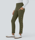 High Waisted Decorative Pocket Skinny Ankle Length Casual Trousers — Forest Night — view 3
