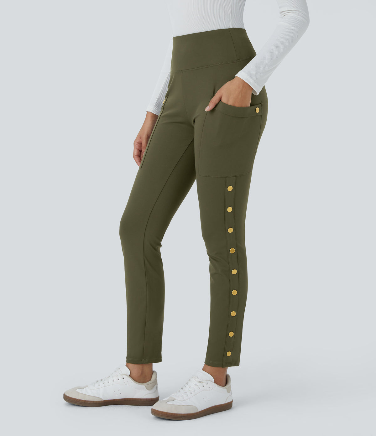 High Waisted Decorative Pocket Skinny Ankle Length Casual Trousers — Forest Night — view 3