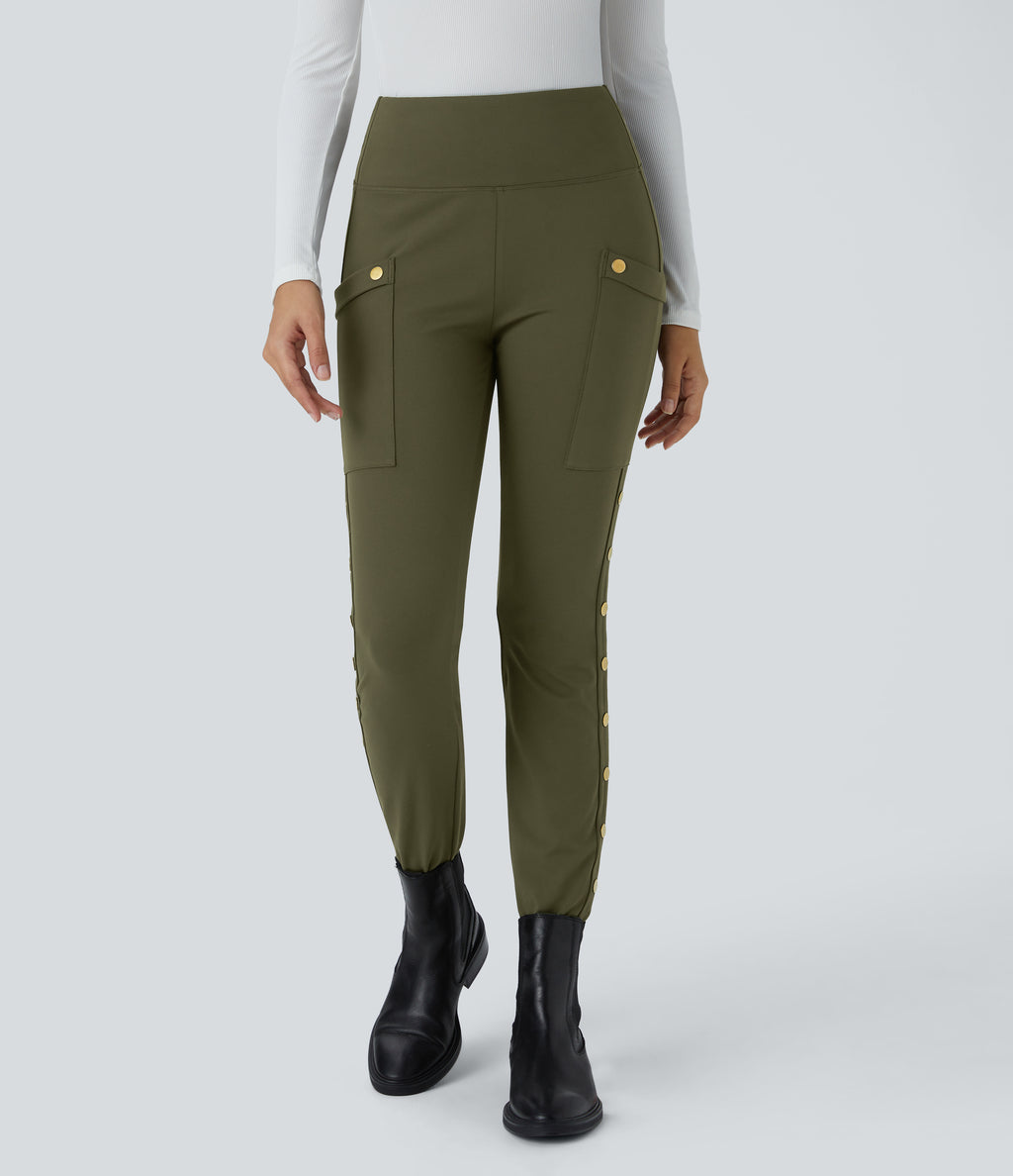 High Waisted Decorative Pocket Skinny Ankle Length Casual Trousers — Forest Night — view 1