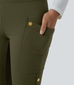 High Waisted Decorative Pocket Skinny Ankle Length Casual Trousers — Forest Night — view 6