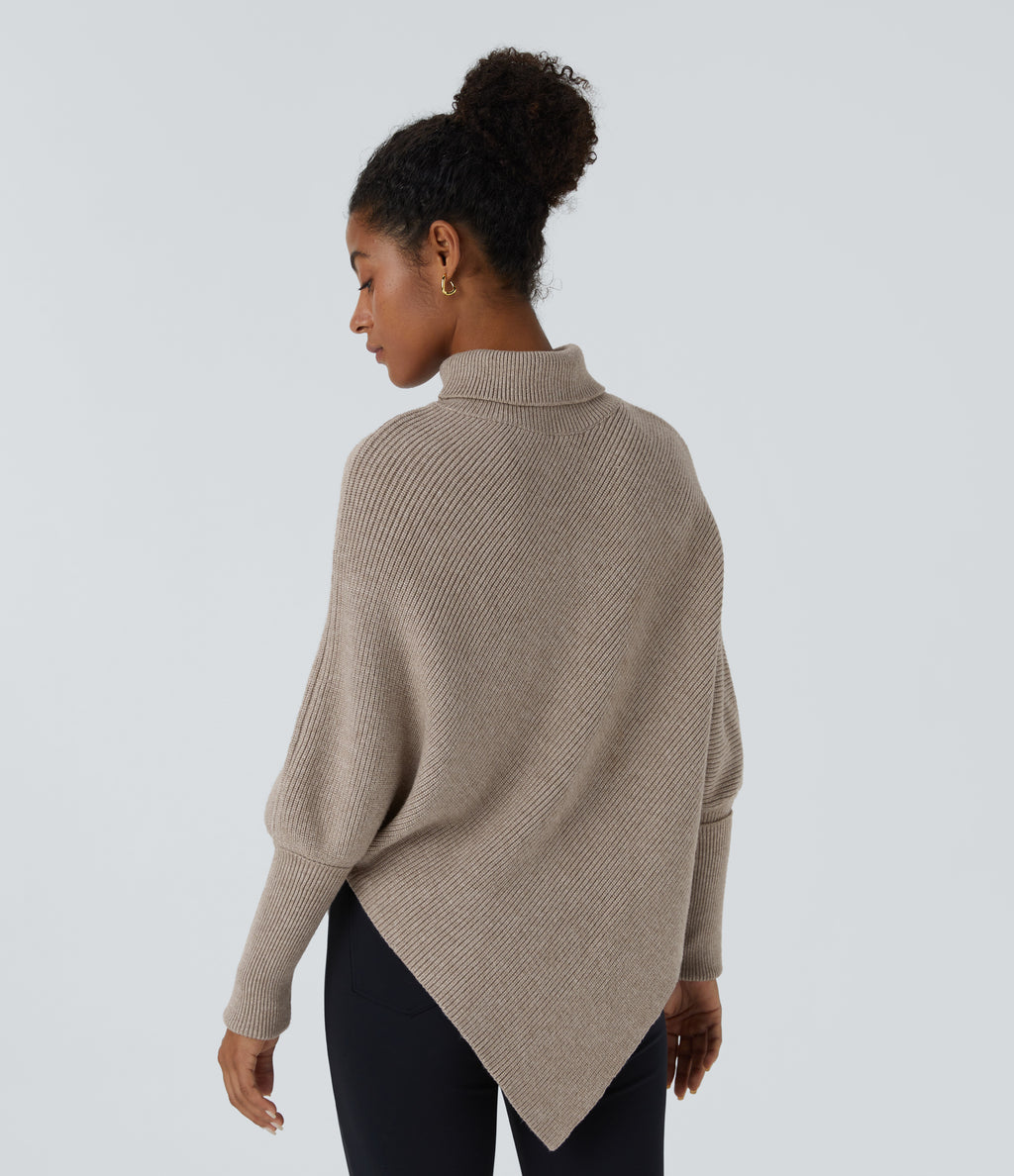 High Neck Long Sleeve Asymmetric Hem Work Jumper — Oatmeal — view 2