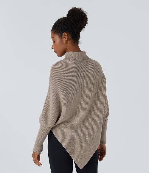 High Neck Long Sleeve Asymmetric Hem Work Jumper — Oatmeal — view 2