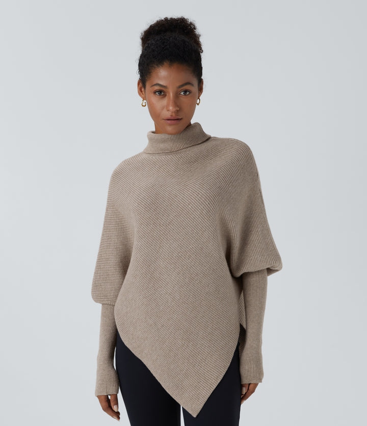 High Neck Long Sleeve Asymmetric Hem Work Jumper — Oatmeal — view 1