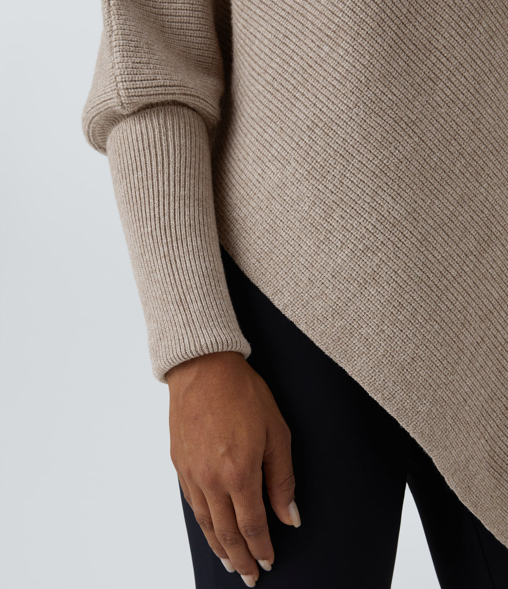 High Neck Long Sleeve Asymmetric Hem Work Jumper — Oatmeal — view 6