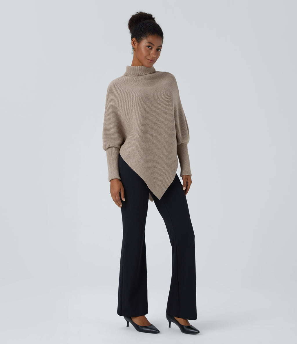 High Neck Long Sleeve Asymmetric Hem Work Jumper — Oatmeal — view 8