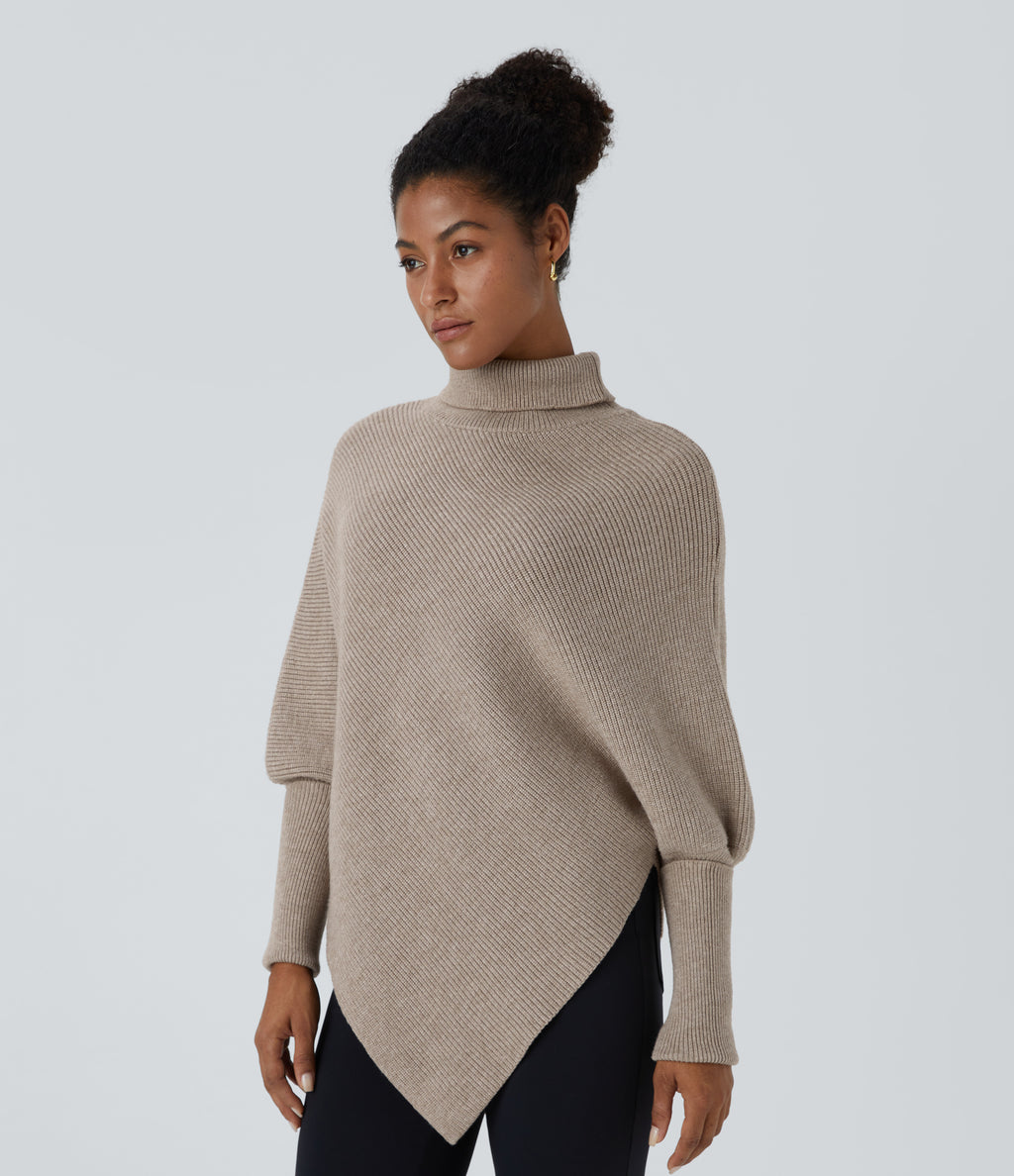 High Neck Long Sleeve Asymmetric Hem Work Jumper — Oatmeal — view 3