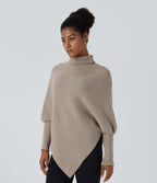 High Neck Long Sleeve Asymmetric Hem Work Jumper — Oatmeal — view 3
