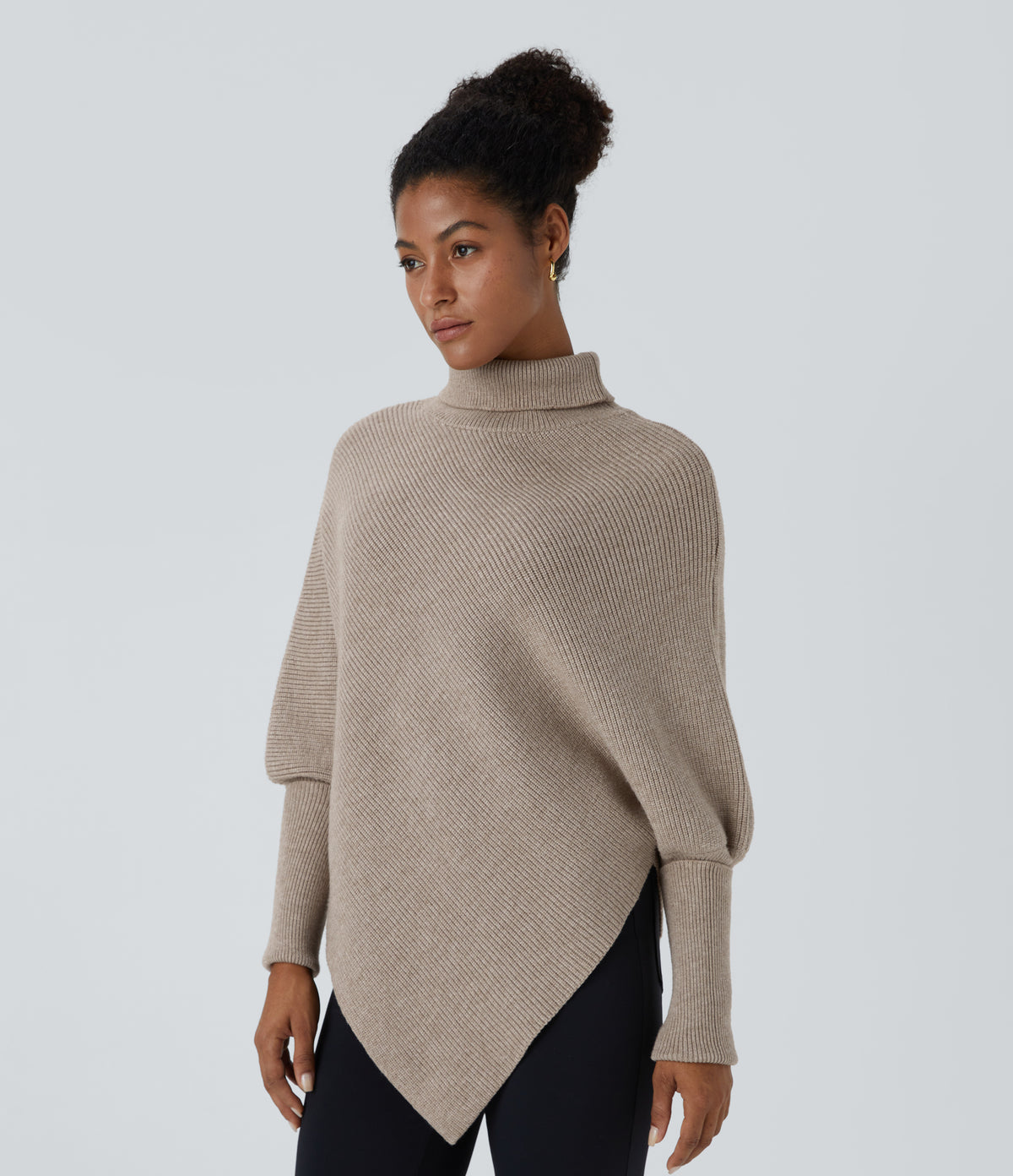 High Neck Long Sleeve Asymmetric Hem Work Jumper — Oatmeal — view 3