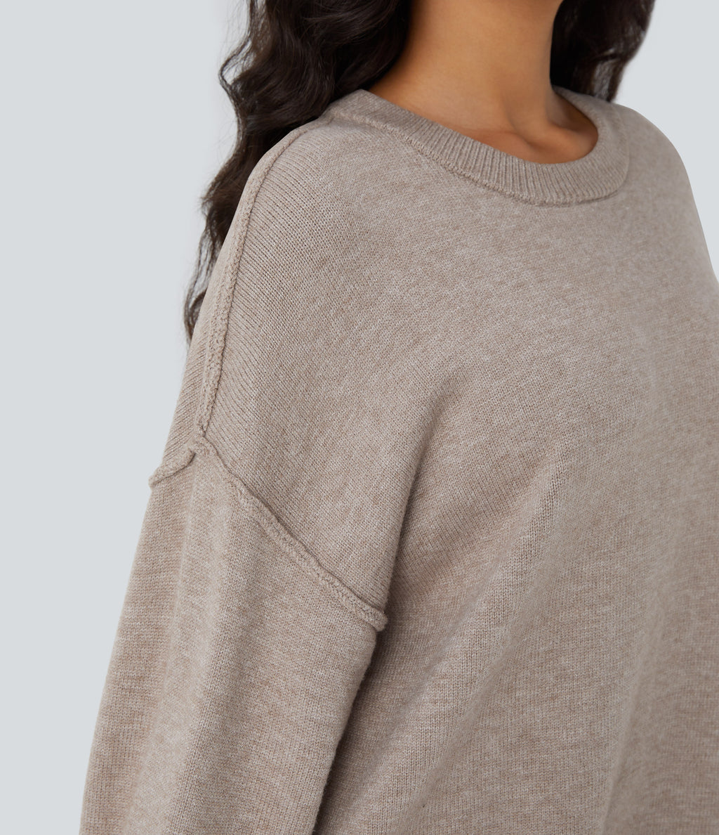 Round Neck Dropped Shoulder Long Sleeve Casual Jumper — Doeskin — view 4