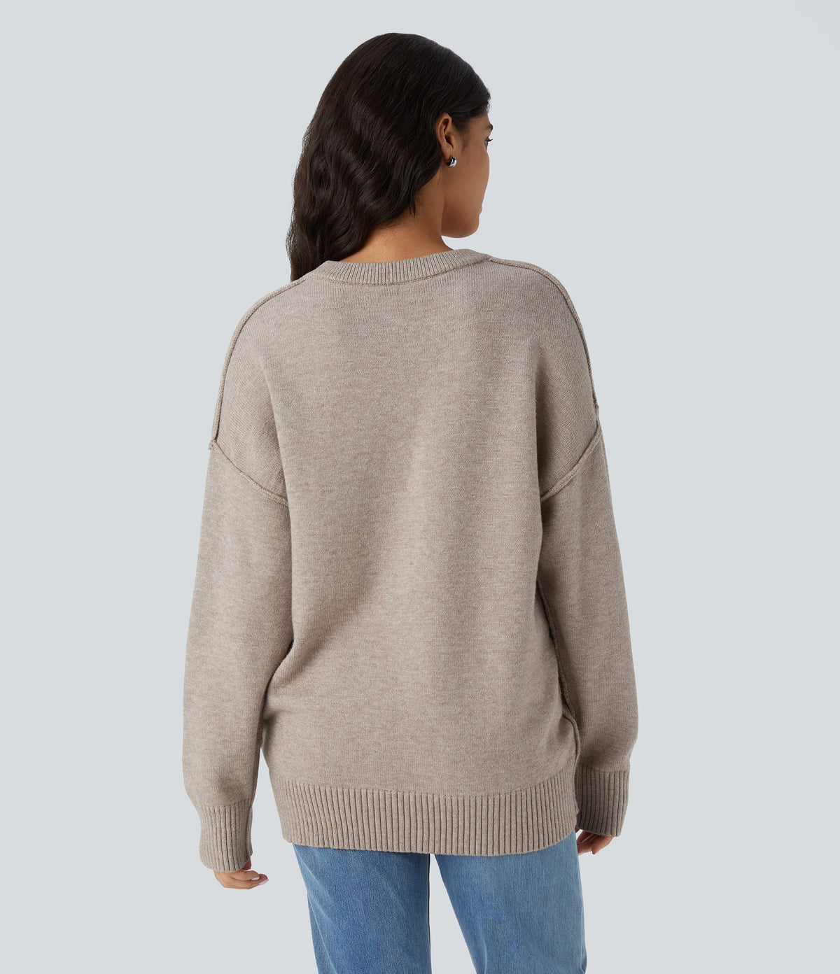 Round Neck Dropped Shoulder Long Sleeve Casual Jumper — Doeskin — view 2