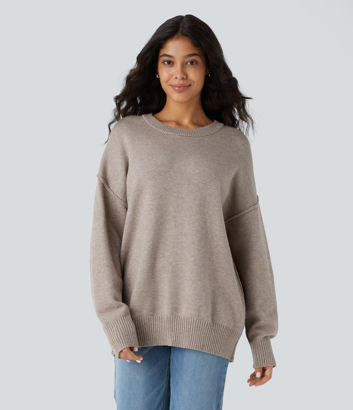 Round Neck Dropped Shoulder Long Sleeve Casual Jumper — Doeskin — view 1