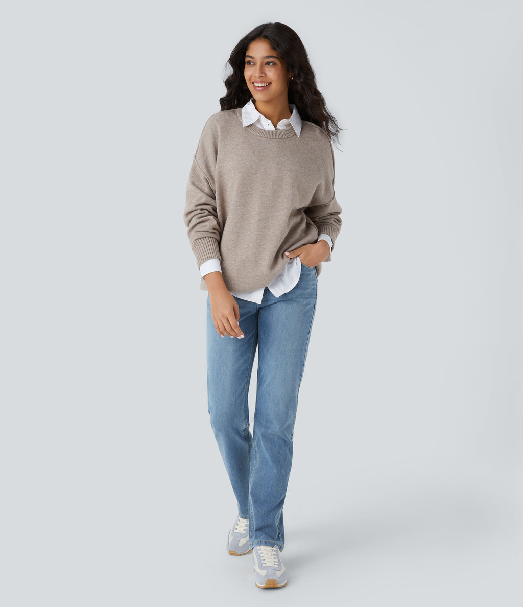 Round Neck Dropped Shoulder Long Sleeve Casual Jumper — Doeskin — view 7