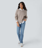 Round Neck Dropped Shoulder Long Sleeve Casual Jumper — Doeskin — view 7