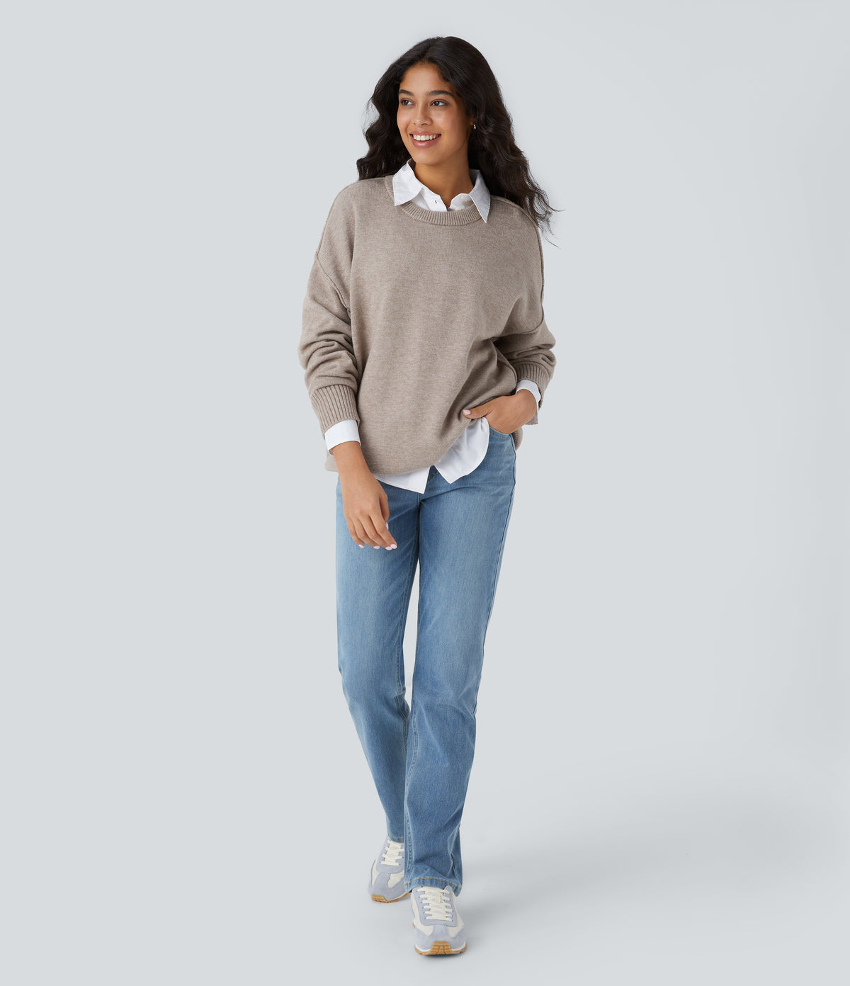 Round Neck Dropped Shoulder Long Sleeve Casual Jumper — Doeskin — view 7