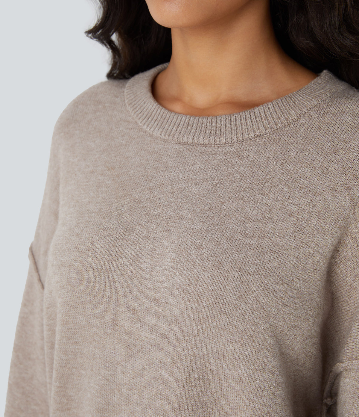 Round Neck Dropped Shoulder Long Sleeve Casual Jumper — Doeskin — view 5