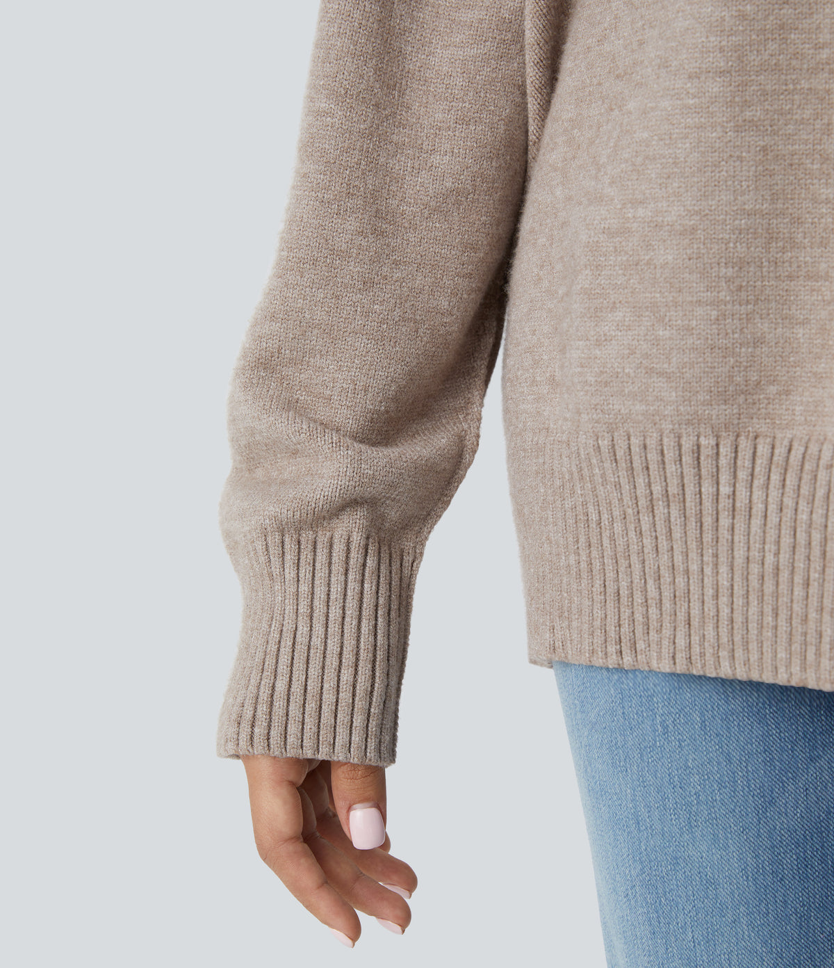 Round Neck Dropped Shoulder Long Sleeve Casual Jumper — Doeskin — view 6