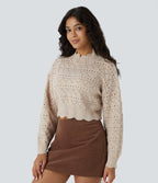 Mock Neck Bishop Sleeve Scallop Hem Open Knit Casual Jumper — Pumice Stone — view 6