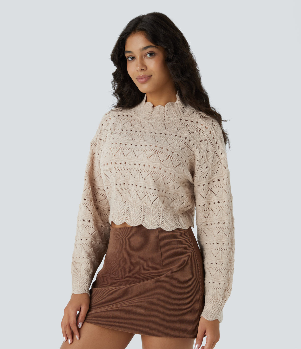 Mock Neck Bishop Sleeve Scallop Hem Open Knit Casual Jumper — Pumice Stone — view 6