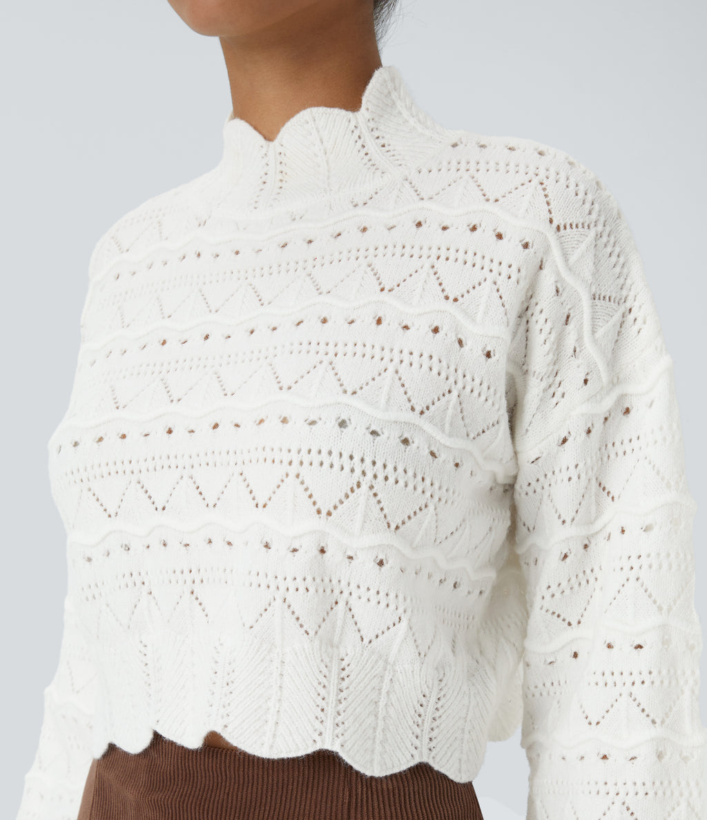Mock Neck Bishop Sleeve Scallop Hem Open Knit Casual Jumper — White — view 4