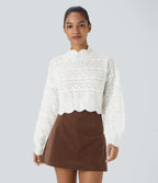 Mock Neck Bishop Sleeve Scallop Hem Open Knit Casual Jumper — White — view 1