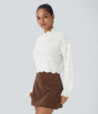 Mock Neck Bishop Sleeve Scallop Hem Open Knit Casual Jumper — White — view 3