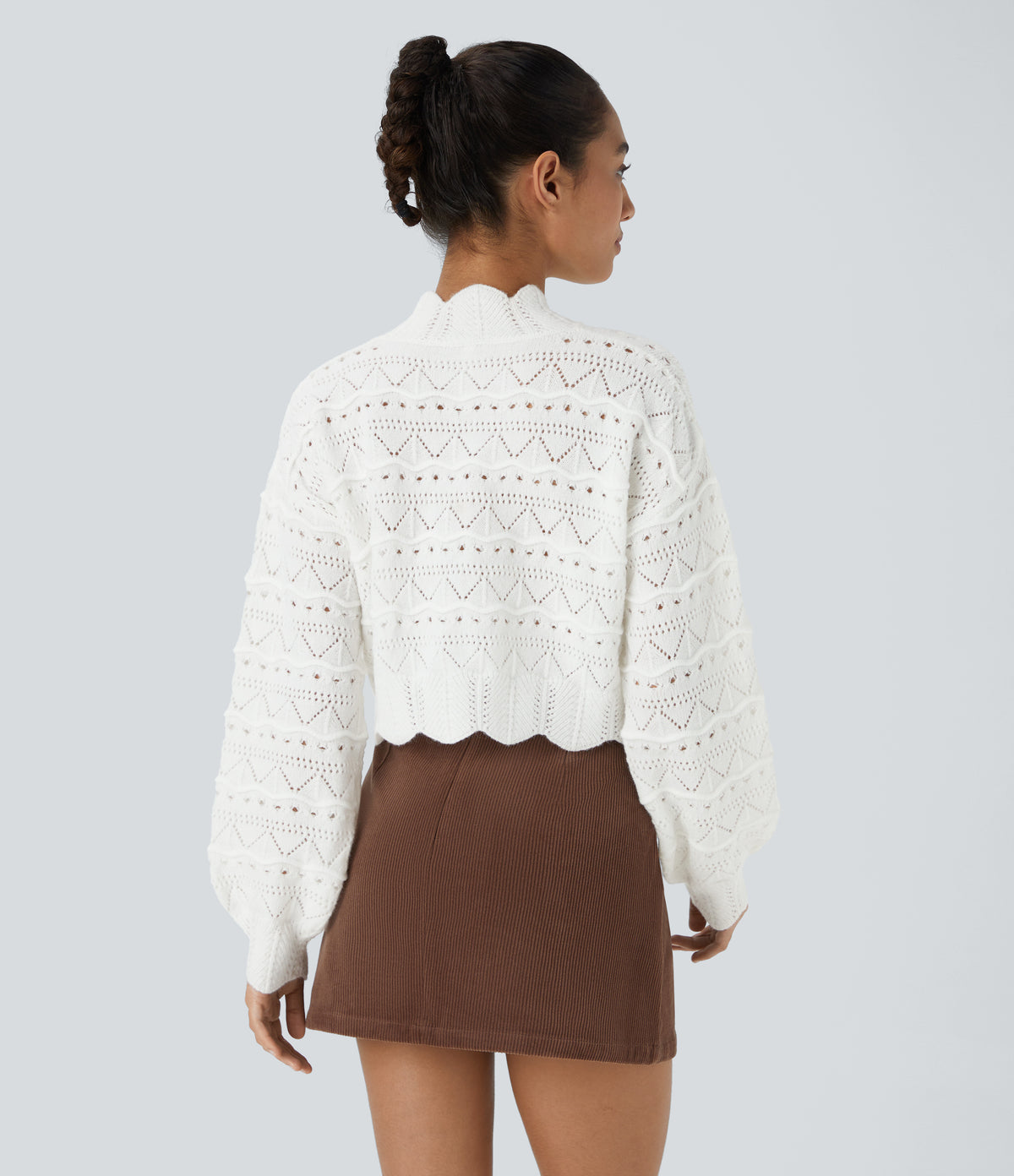 Mock Neck Bishop Sleeve Scallop Hem Open Knit Casual Jumper — White — view 2