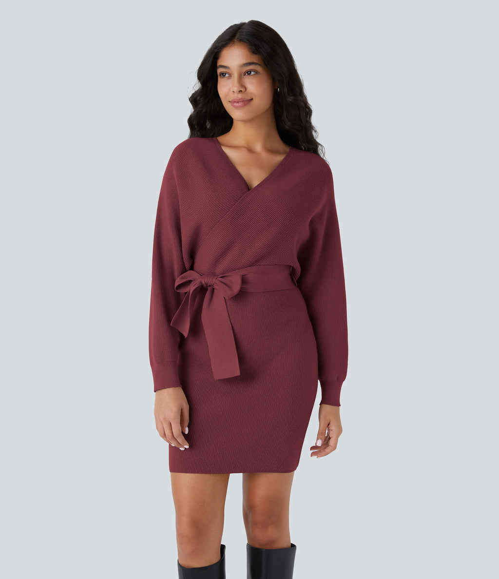 Crossover V Neck Batwing Long Sleeve Belted Mini Casual Jumper Dress — Red Violet — view 2