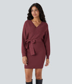 Crossover V Neck Batwing Long Sleeve Belted Mini Casual Jumper Dress — Red Violet — view 2