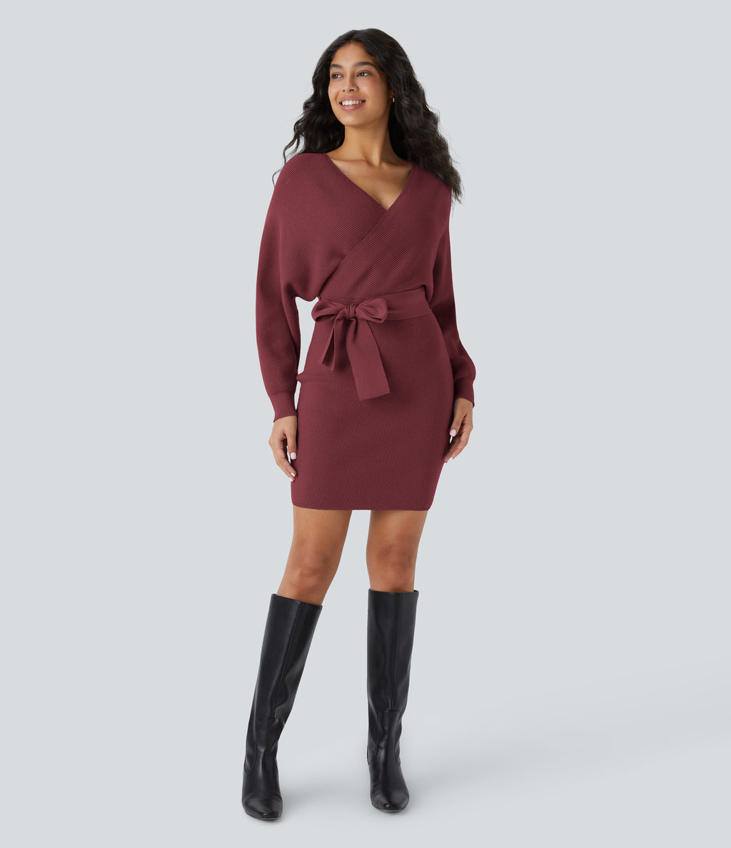 Crossover V Neck Batwing Long Sleeve Belted Mini Casual Jumper Dress — Red Violet — view 7