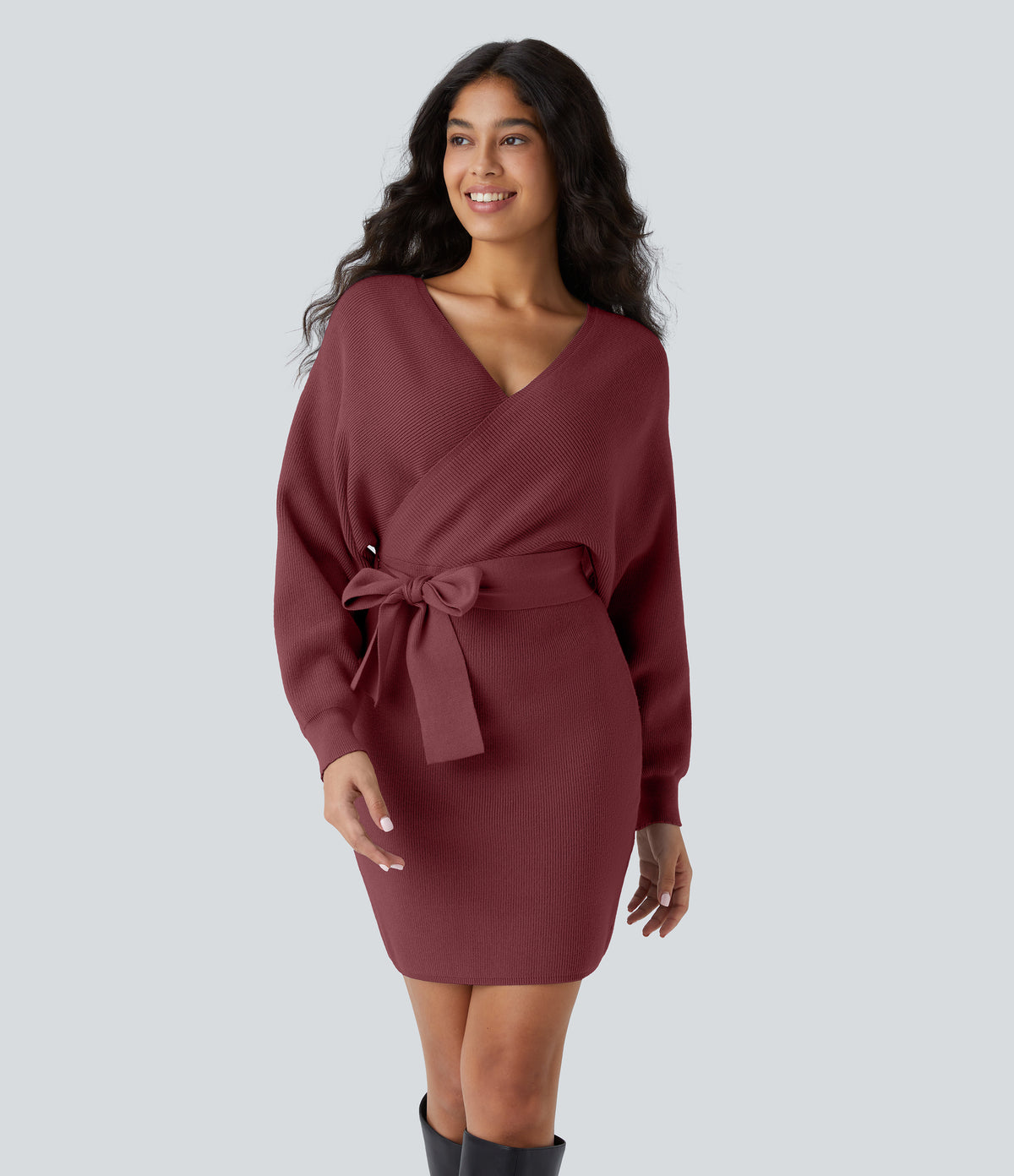 Crossover V Neck Batwing Long Sleeve Belted Mini Casual Jumper Dress — Red Violet — view 1